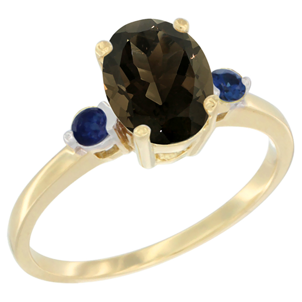 14K Yellow Gold Natural Smoky Topaz Ring Oval 9x7 mm Blue Sapphire Accent, sizes 5 to 10
