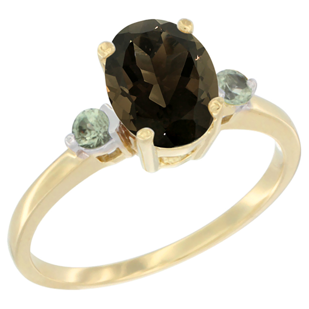 10K Yellow Gold Natural Smoky Topaz Ring Oval 9x7 mm Green Sapphire Accent, sizes 5 to 10
