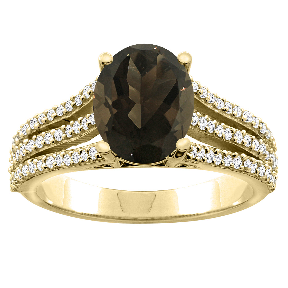 14K Yellow Gold Natural Smoky Topaz Tri-split Ring Cushion-cut 8x6mm Diamond Accents 5/16 inch wide, sizes 5 - 10