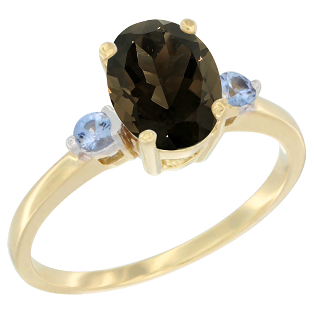 14K Yellow Gold Natural Smoky Topaz Ring Oval 9x7 mm Light Blue Sapphire Accent, sizes 5 to 10