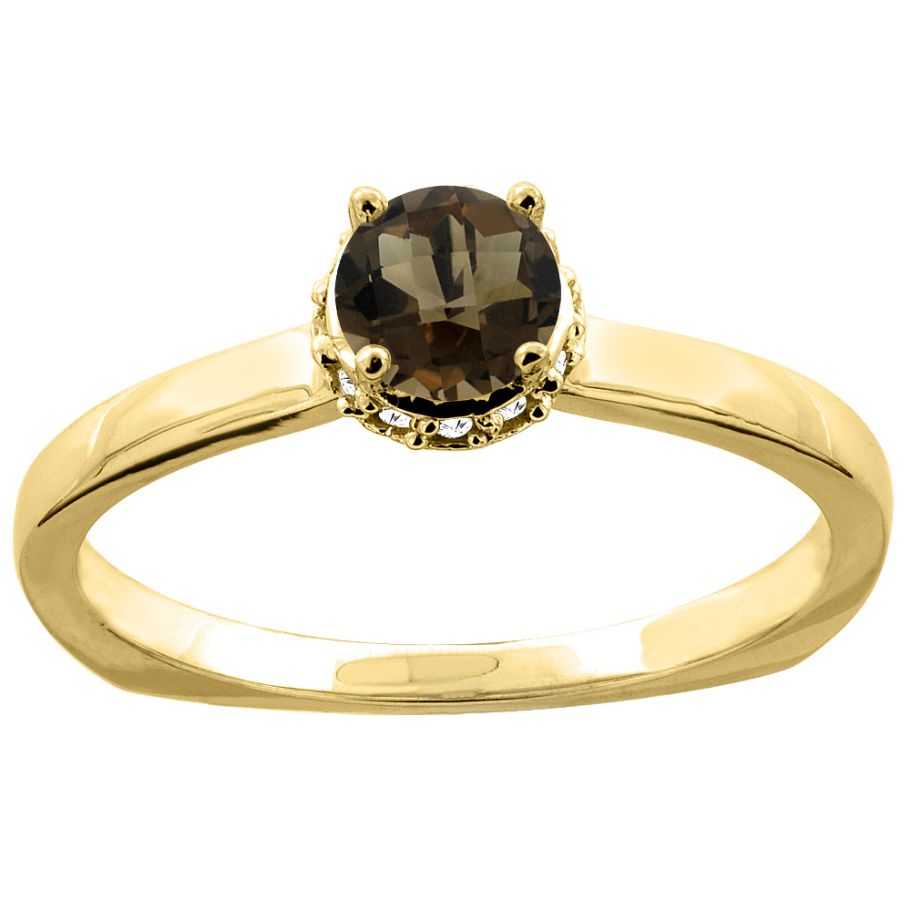 10K Yellow Gold Natural Smoky Topaz Solitaire Engagement Ring Round 4mm Diamond Accents, size 6