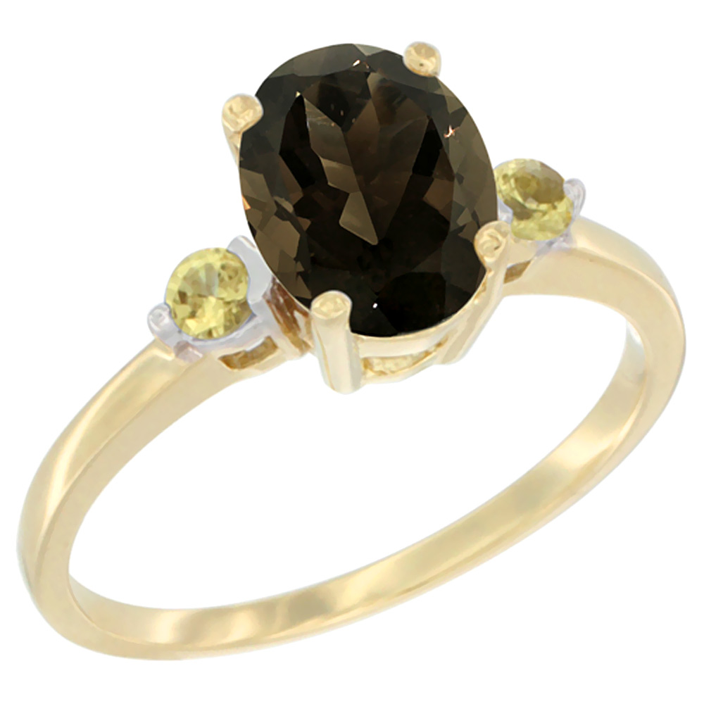 10K Yellow Gold Natural Smoky Topaz Ring Oval 9x7 mm Yellow Sapphire Accent, sizes 5 to 10