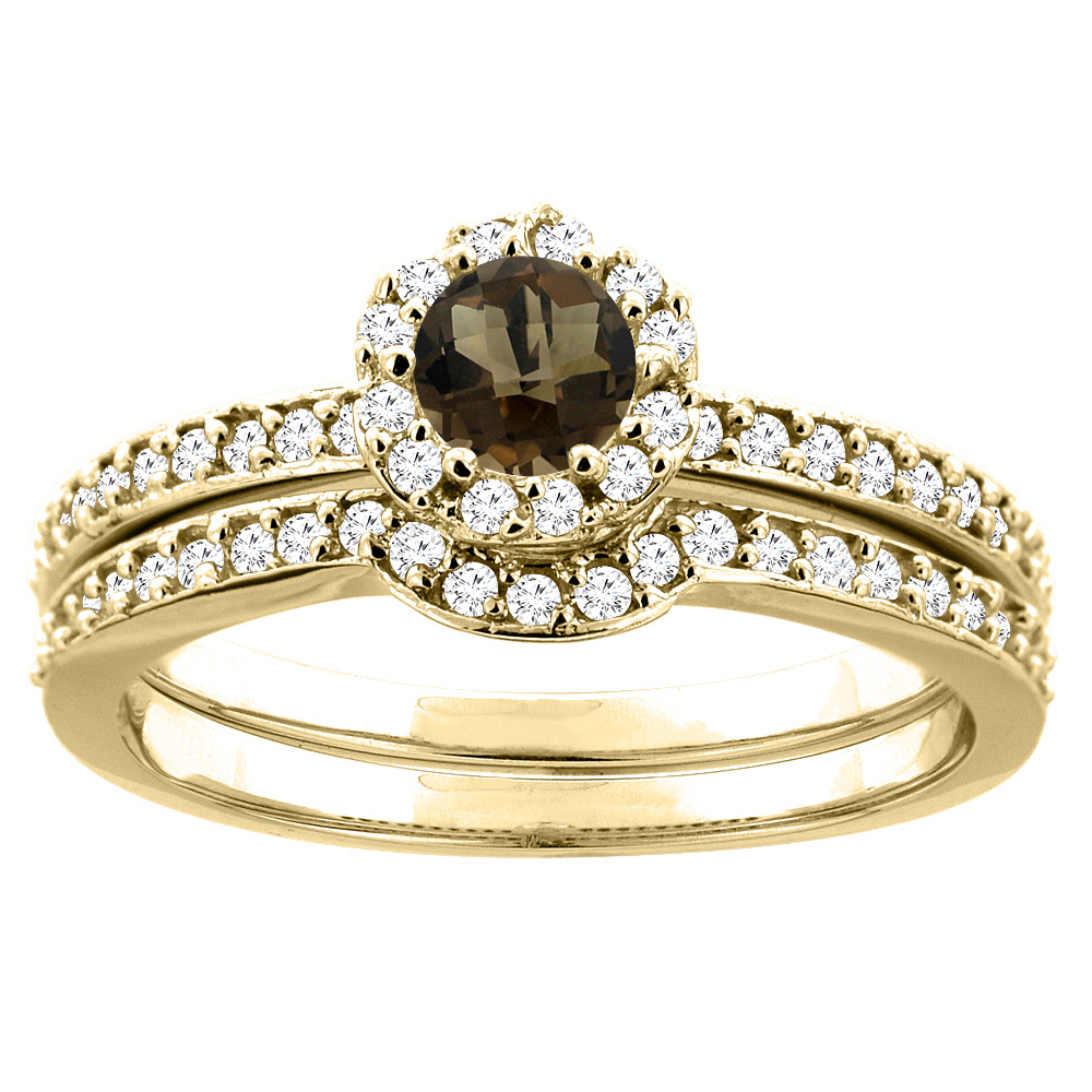 10K Yellow Gold Natural Smoky Topaz 2-pc Bridal Ring Set Diamond Accent Round 4mm, sizes 5 - 10