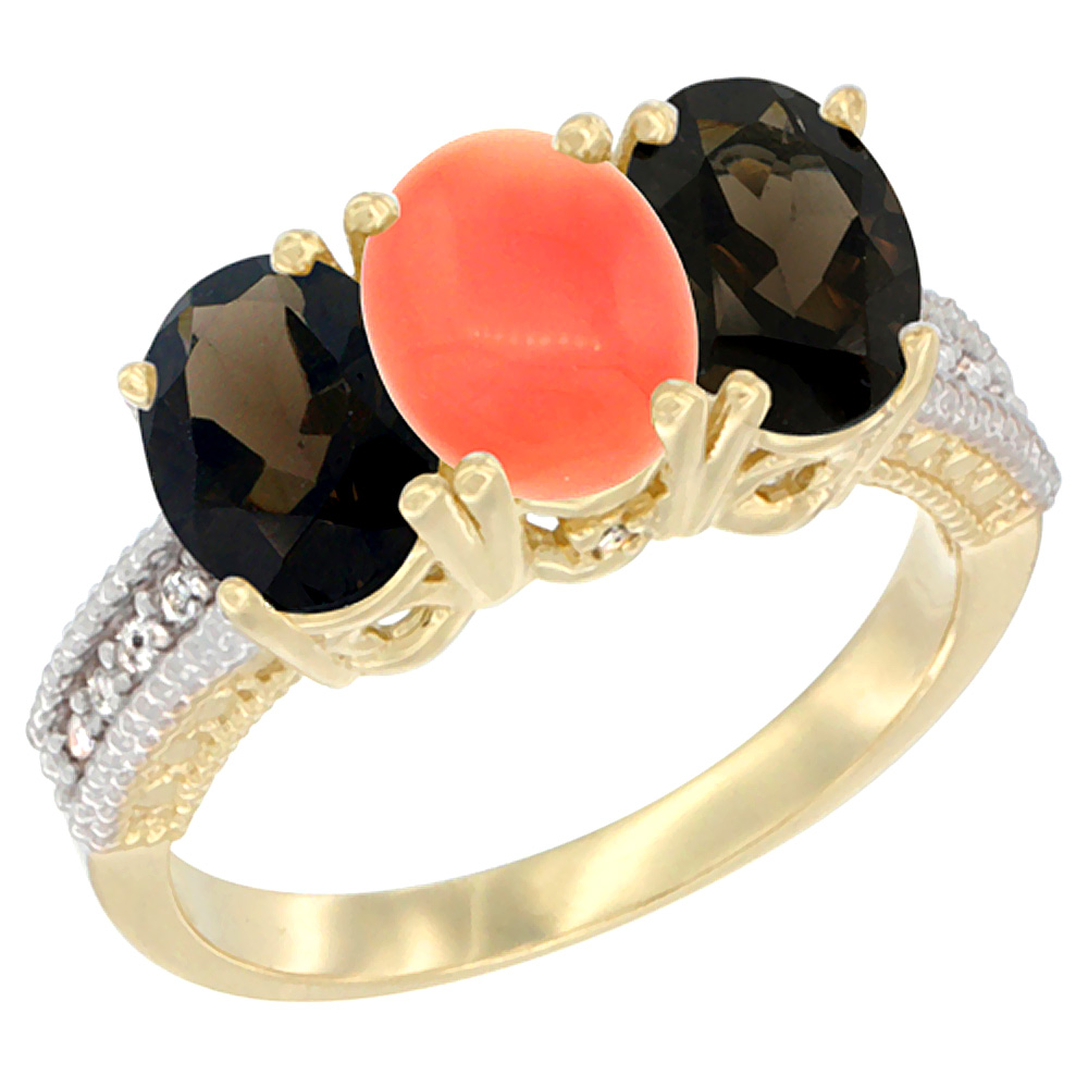 14K Yellow Gold Natural Coral &amp; Smoky Topaz Ring 3-Stone 7x5 mm Oval Diamond Accent, sizes 5 - 10