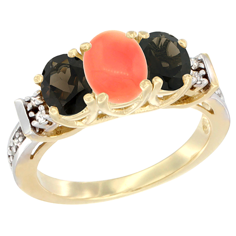 14K Yellow Gold Natural Coral &amp; Smoky Topaz Ring 3-Stone Oval Diamond Accent