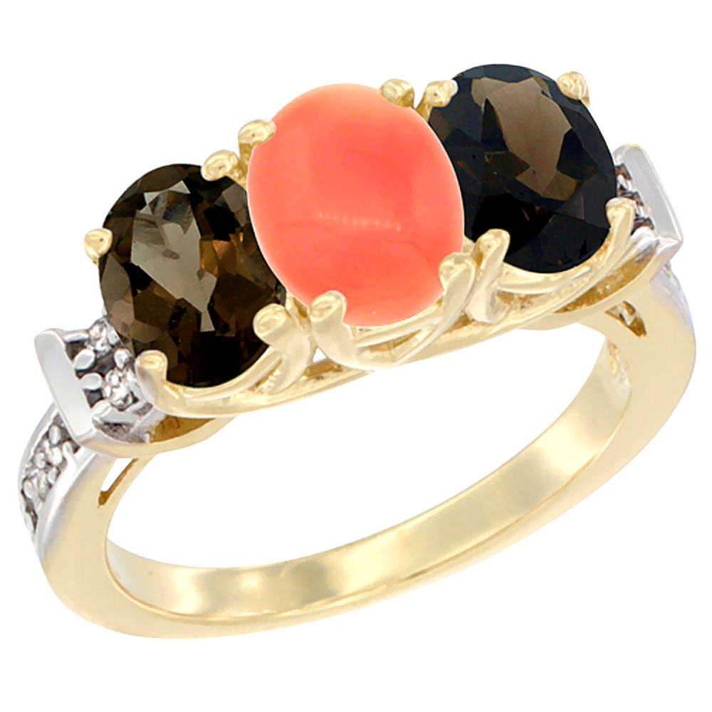 10K Yellow Gold Natural Coral &amp; Smoky Topaz Sides Ring 3-Stone Oval Diamond Accent, sizes 5 - 10