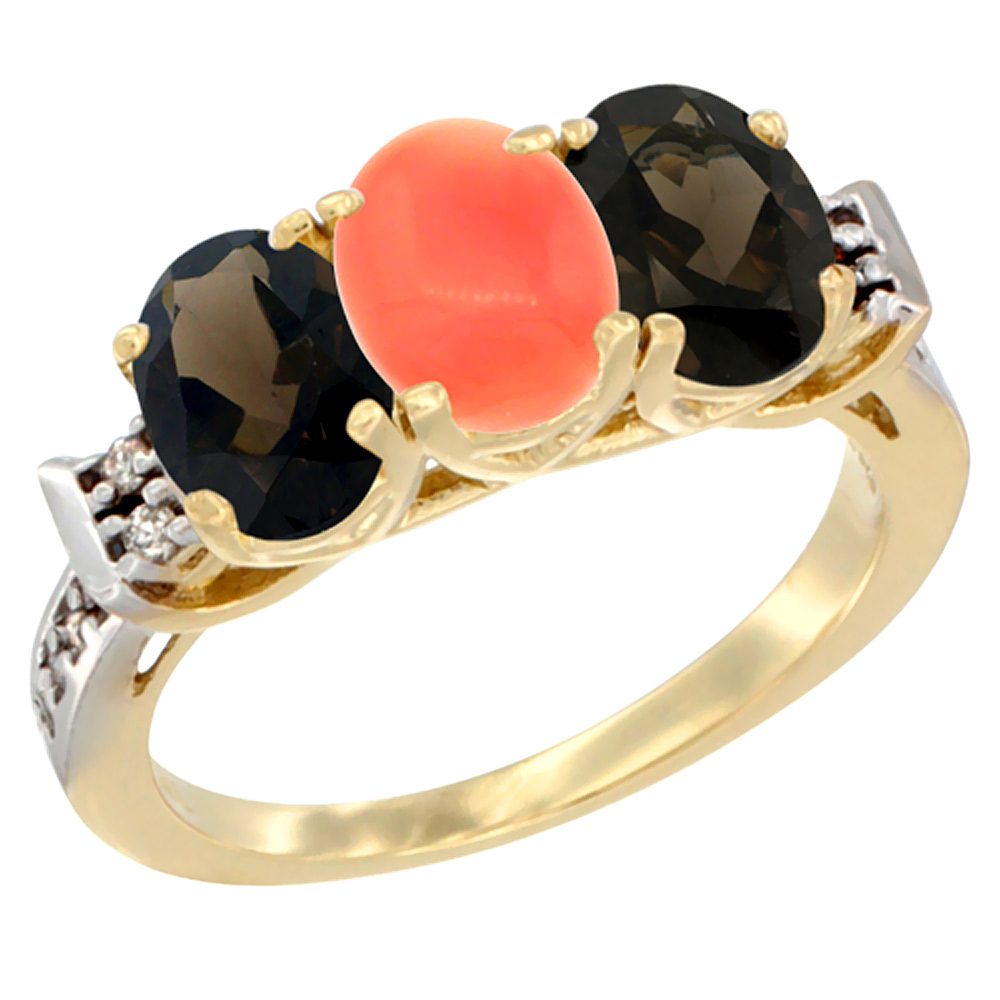 10K Yellow Gold Natural Coral &amp; Smoky Topaz Sides Ring 3-Stone Oval 7x5 mm Diamond Accent, sizes 5 - 10