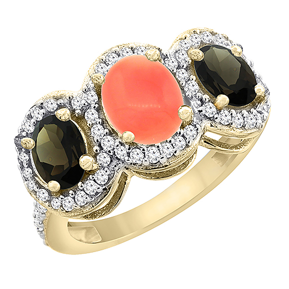 10K Yellow Gold Natural Coral & Smoky Topaz 3-Stone Ring Oval Diamond Accent, sizes 5 - 10