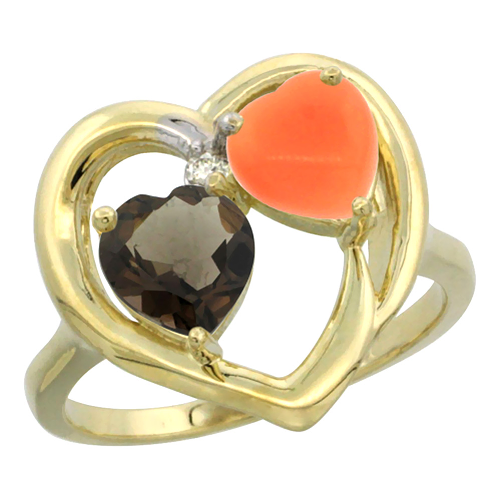 14K Yellow Gold Diamond Two-stone Heart Ring 6mm Natural Smoky Topaz &amp; Coral, sizes 5-10