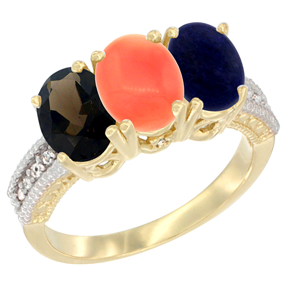 14K Yellow Gold Natural Smoky Topaz, Coral & Lapis Ring 3-Stone 7x5 mm Oval Diamond Accent, sizes 5 - 10