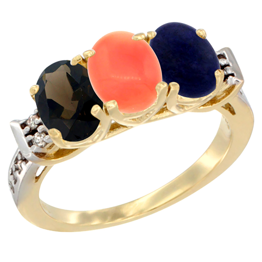 14K Yellow Gold Natural Smoky Topaz, Coral & Lapis Ring 3-Stone Oval 7x5 mm Diamond Accent, sizes 5 - 10