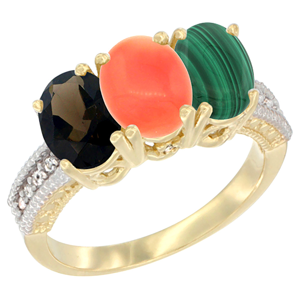 14K Yellow Gold Natural Smoky Topaz, Coral &amp; Malachite Ring 3-Stone 7x5 mm Oval Diamond Accent, sizes 5 - 10