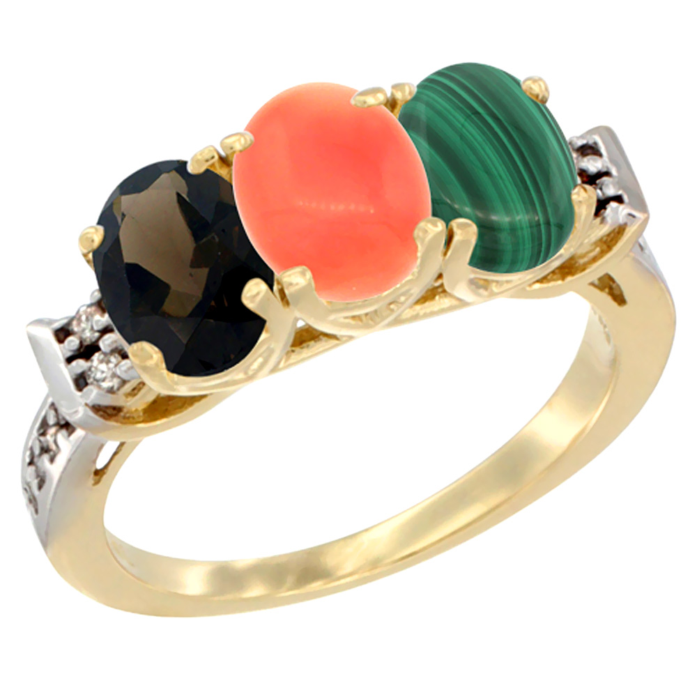 14K Yellow Gold Natural Smoky Topaz, Coral &amp; Malachite Ring 3-Stone Oval 7x5 mm Diamond Accent, sizes 5 - 10