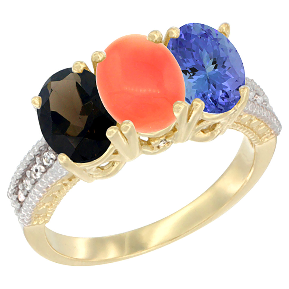 14K Yellow Gold Natural Smoky Topaz, Coral & Tanzanite Ring 3-Stone 7x5 mm Oval Diamond Accent, sizes 5 - 10
