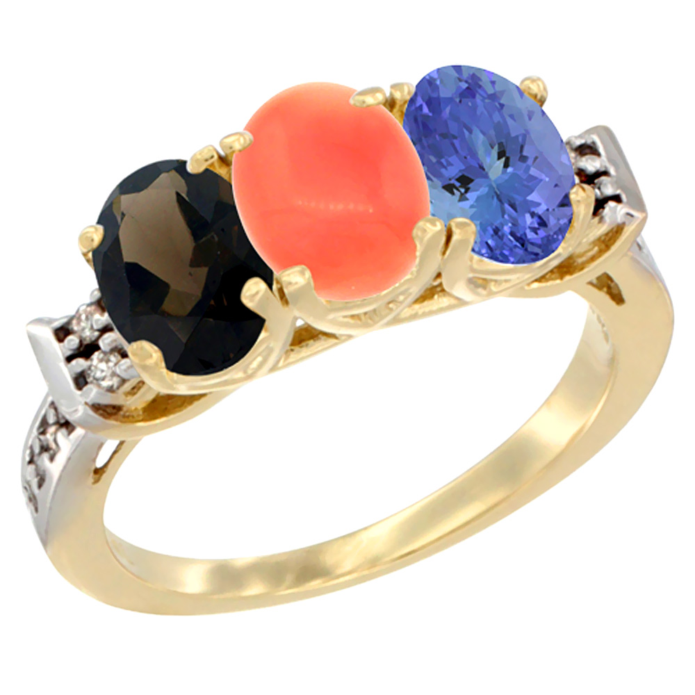 14K Yellow Gold Natural Smoky Topaz, Coral &amp; Tanzanite Ring 3-Stone Oval 7x5 mm Diamond Accent, sizes 5 - 10