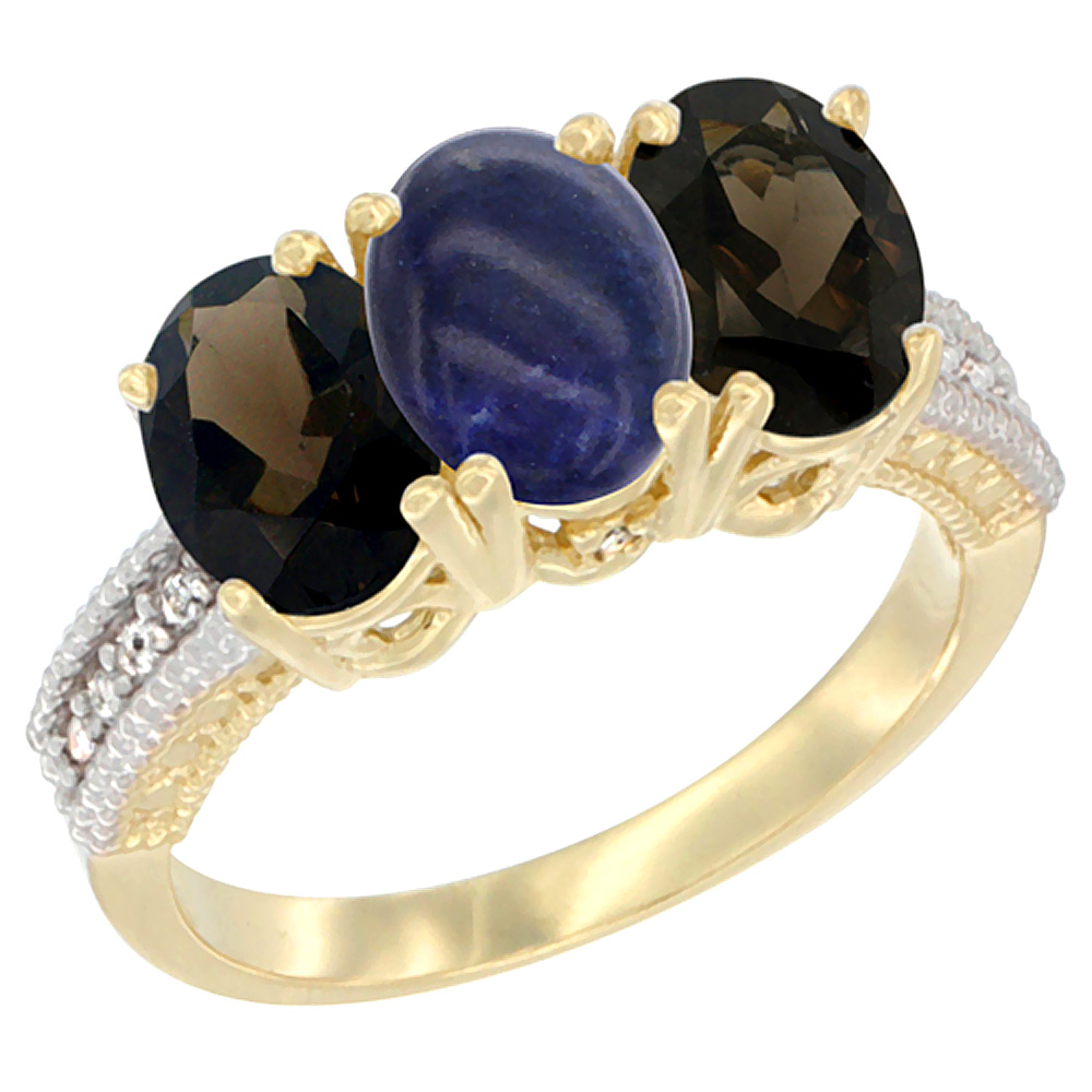 14K Yellow Gold Natural Lapis &amp; Smoky Topaz Ring 3-Stone 7x5 mm Oval Diamond Accent, sizes 5 - 10