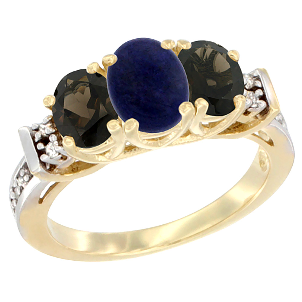 10K Yellow Gold Natural Lapis &amp; Smoky Topaz Ring 3-Stone Oval Diamond Accent