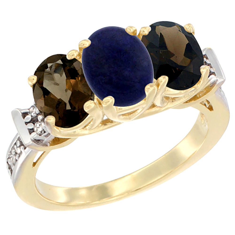 10K Yellow Gold Natural Lapis &amp; Smoky Topaz Sides Ring 3-Stone Oval Diamond Accent, sizes 5 - 10
