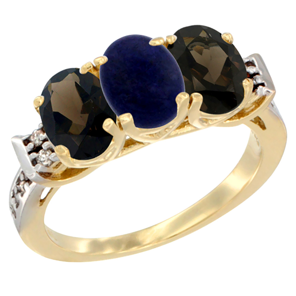 10K Yellow Gold Natural Lapis & Smoky Topaz Sides Ring 3-Stone Oval 7x5 mm Diamond Accent, sizes 5 - 10