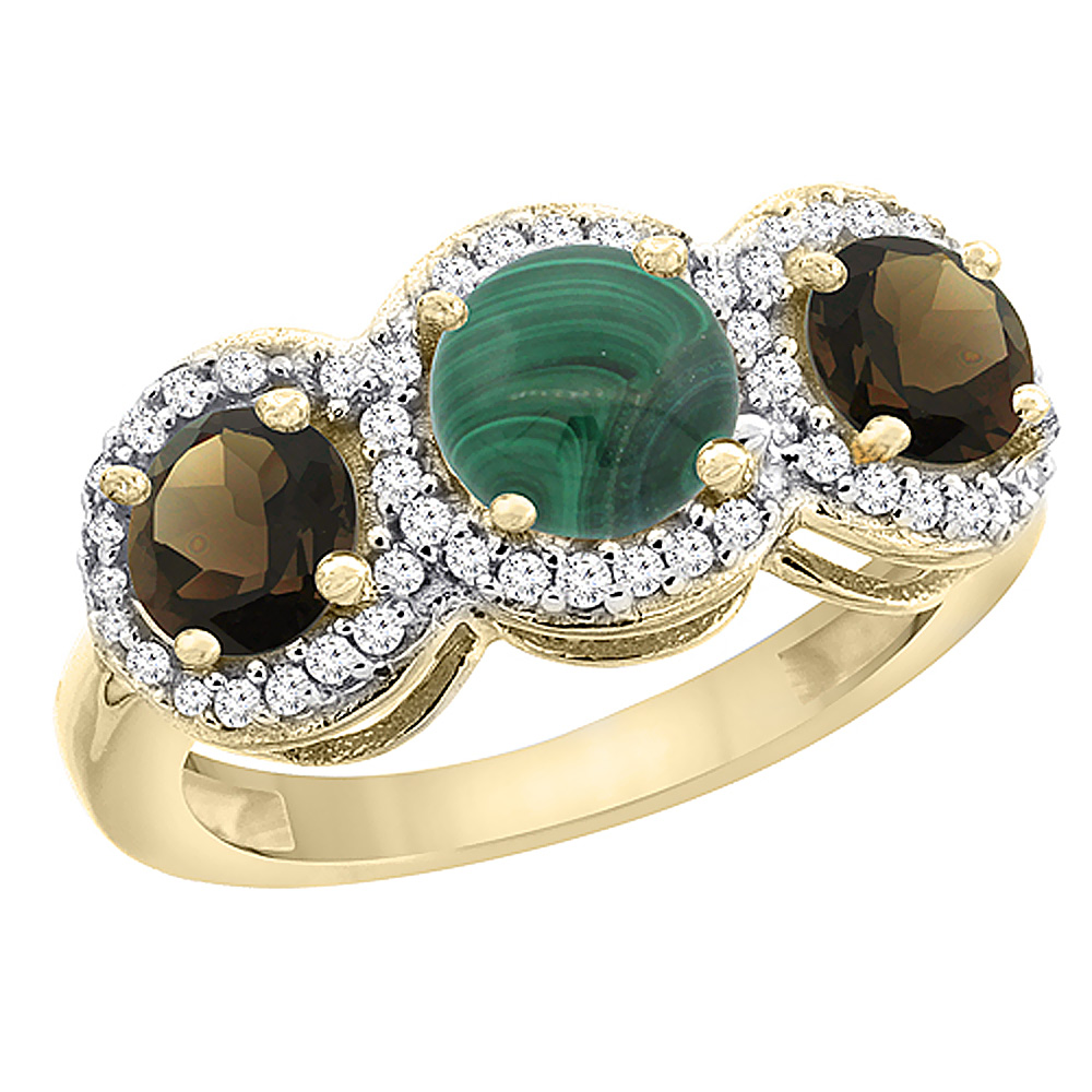 10K Yellow Gold Natural Malachite & Smoky Topaz Sides Round 3-stone Ring Diamond Accents, sizes 5 - 10