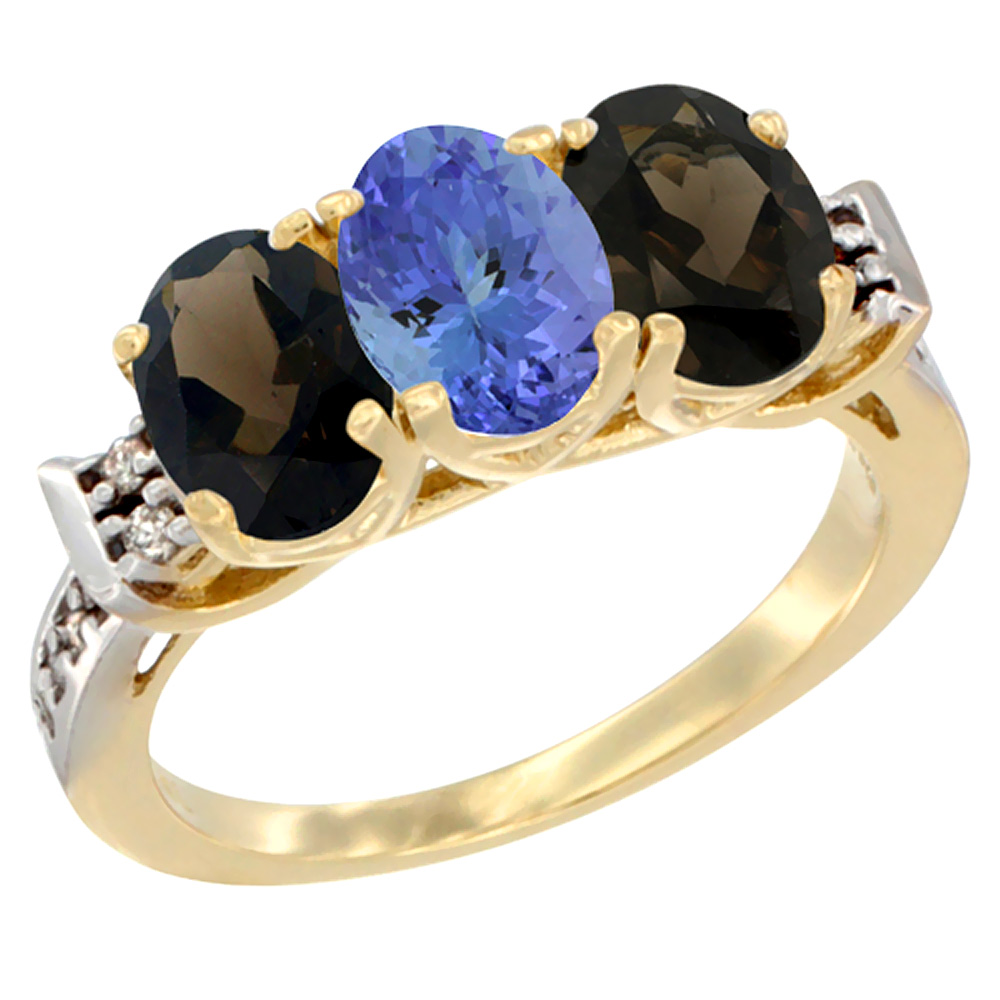 14K Yellow Gold Natural Tanzanite & Smoky Topaz Sides Ring 3-Stone Oval 7x5 mm Diamond Accent, sizes 5 - 10