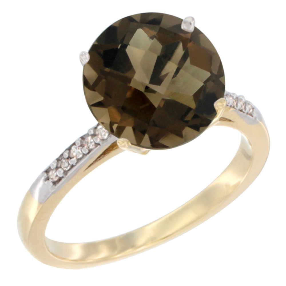 10K Yellow Gold Natural Smoky Topaz Ring Round 10mm Diamond accent, sizes 5 - 10