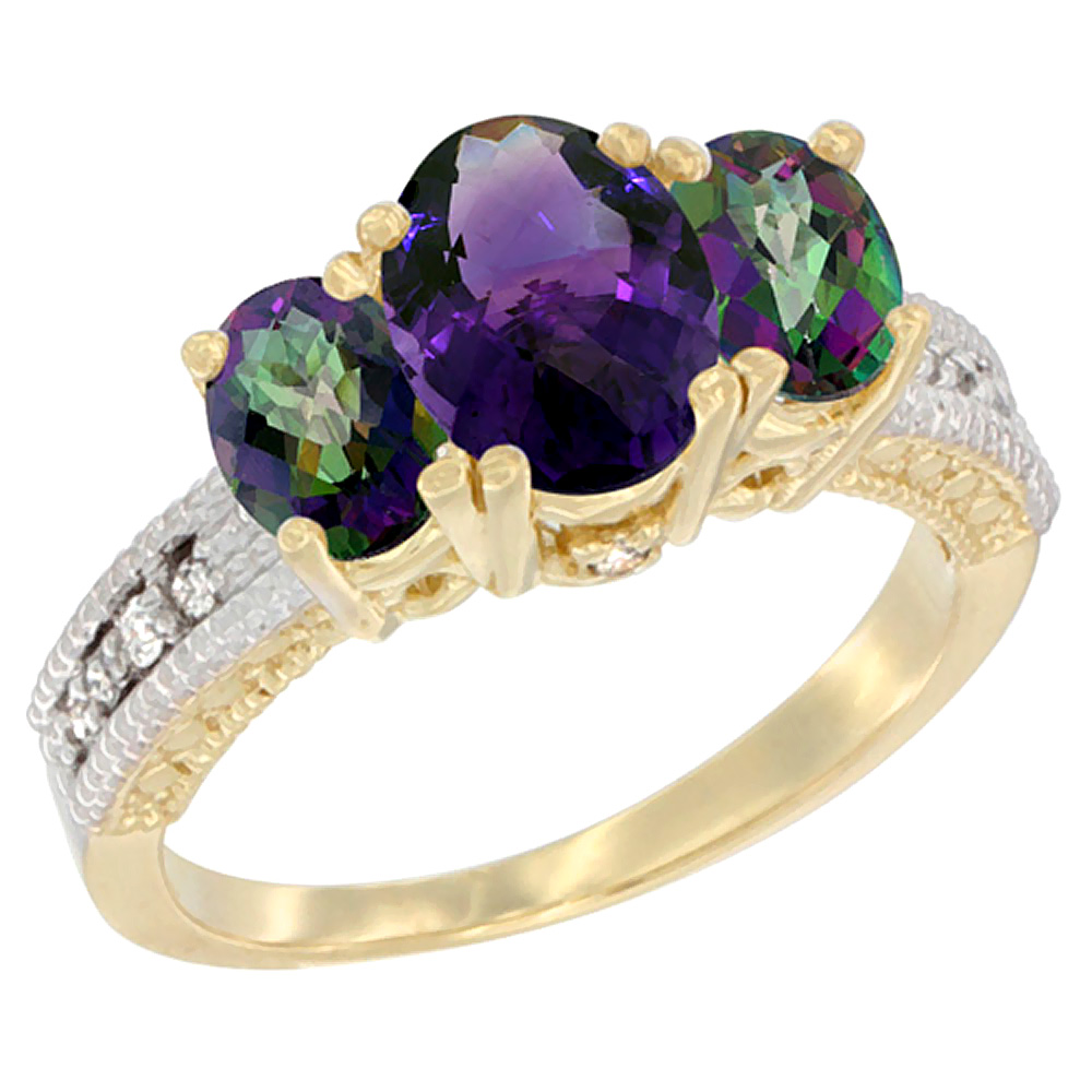 10K Yellow Gold Diamond Natural Amethyst Ring Oval 3-stone with Mystic Topaz, sizes 5 - 10