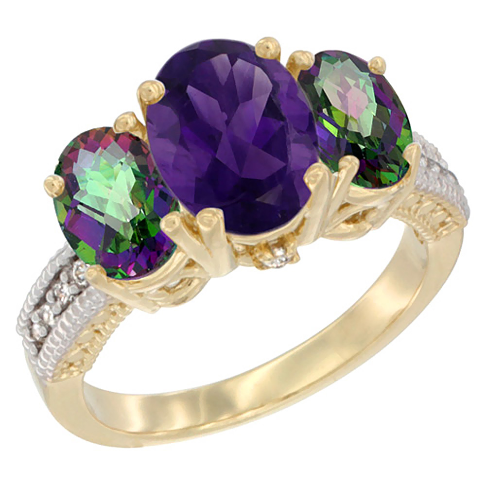14K Yellow Gold Diamond Natural Amethyst Ring 3-Stone Oval 8x6mm with Mystic Topaz, sizes5-10