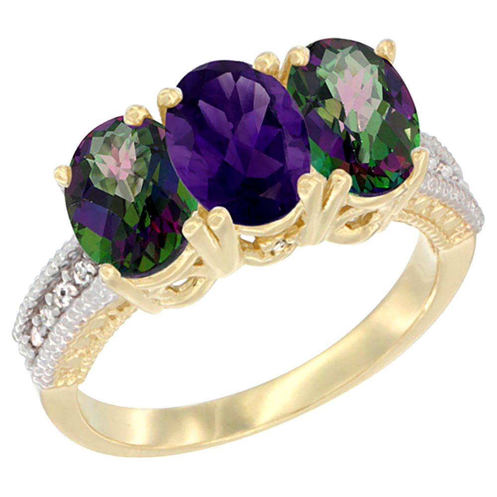 14K Yellow Gold Natural Amethyst &amp; Mystic Topaz Ring 3-Stone 7x5 mm Oval Diamond Accent, sizes 5 - 10