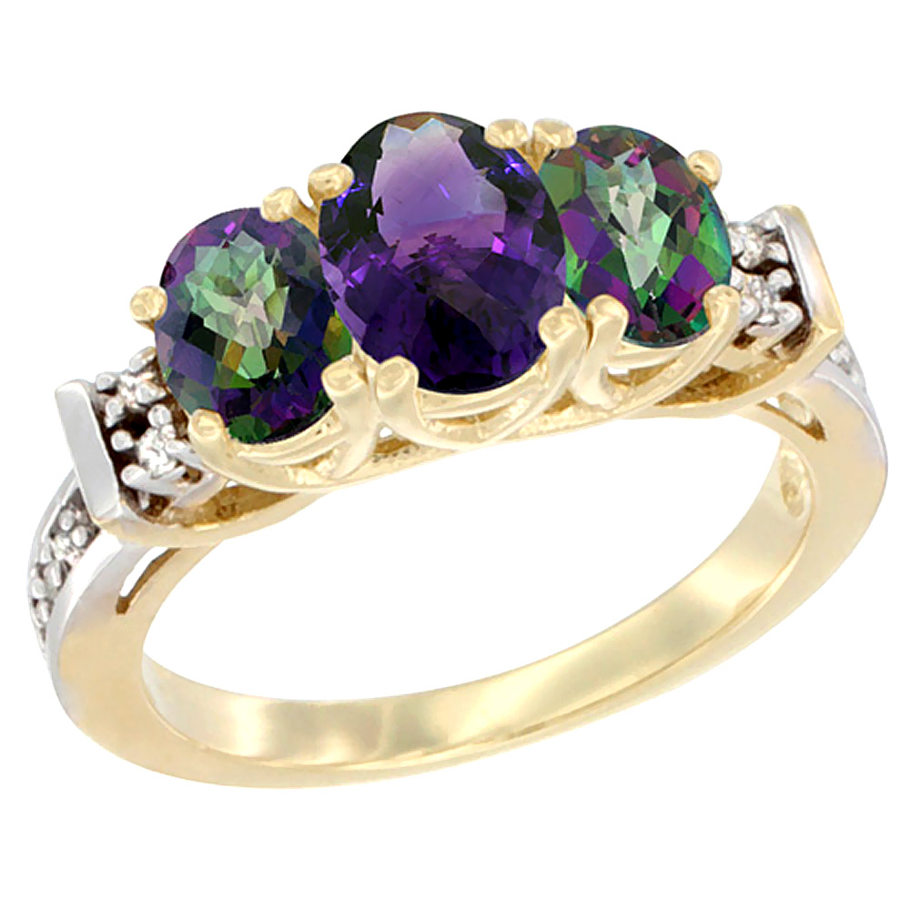 14K Yellow Gold Natural Amethyst & Mystic Topaz Ring 3-Stone Oval Diamond Accent