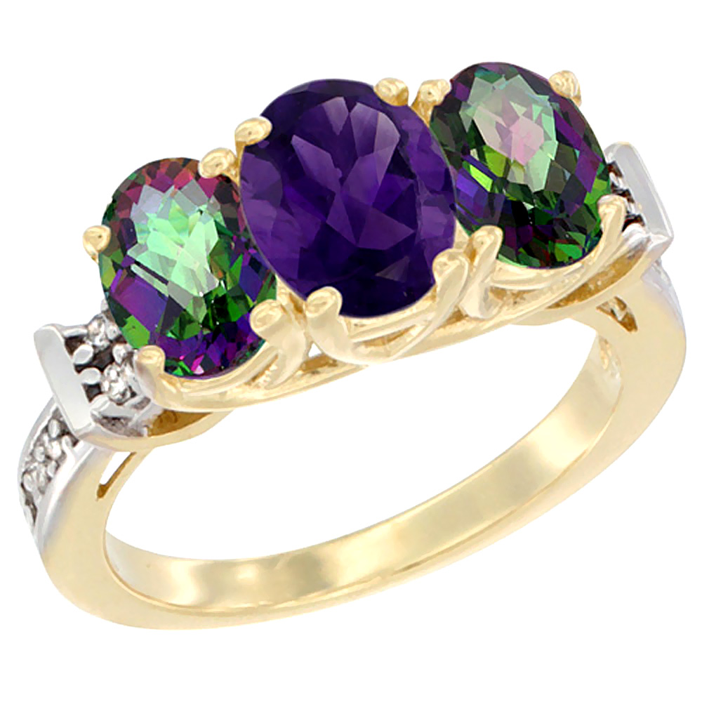 14K Yellow Gold Natural Amethyst &amp; Mystic Topaz Sides Ring 3-Stone Oval Diamond Accent, sizes 5 - 10