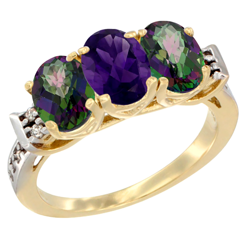 14K Yellow Gold Natural Amethyst &amp; Mystic Topaz Sides Ring 3-Stone Oval 7x5 mm Diamond Accent, sizes 5 - 10