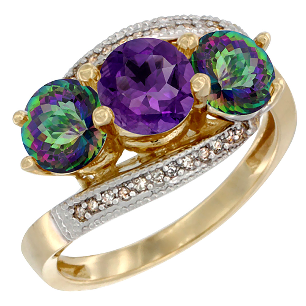 10K Yellow Gold Natural Amethyst & Mystic Topaz Sides 3 stone Ring Round 6mm Diamond Accent, sizes 5 - 10
