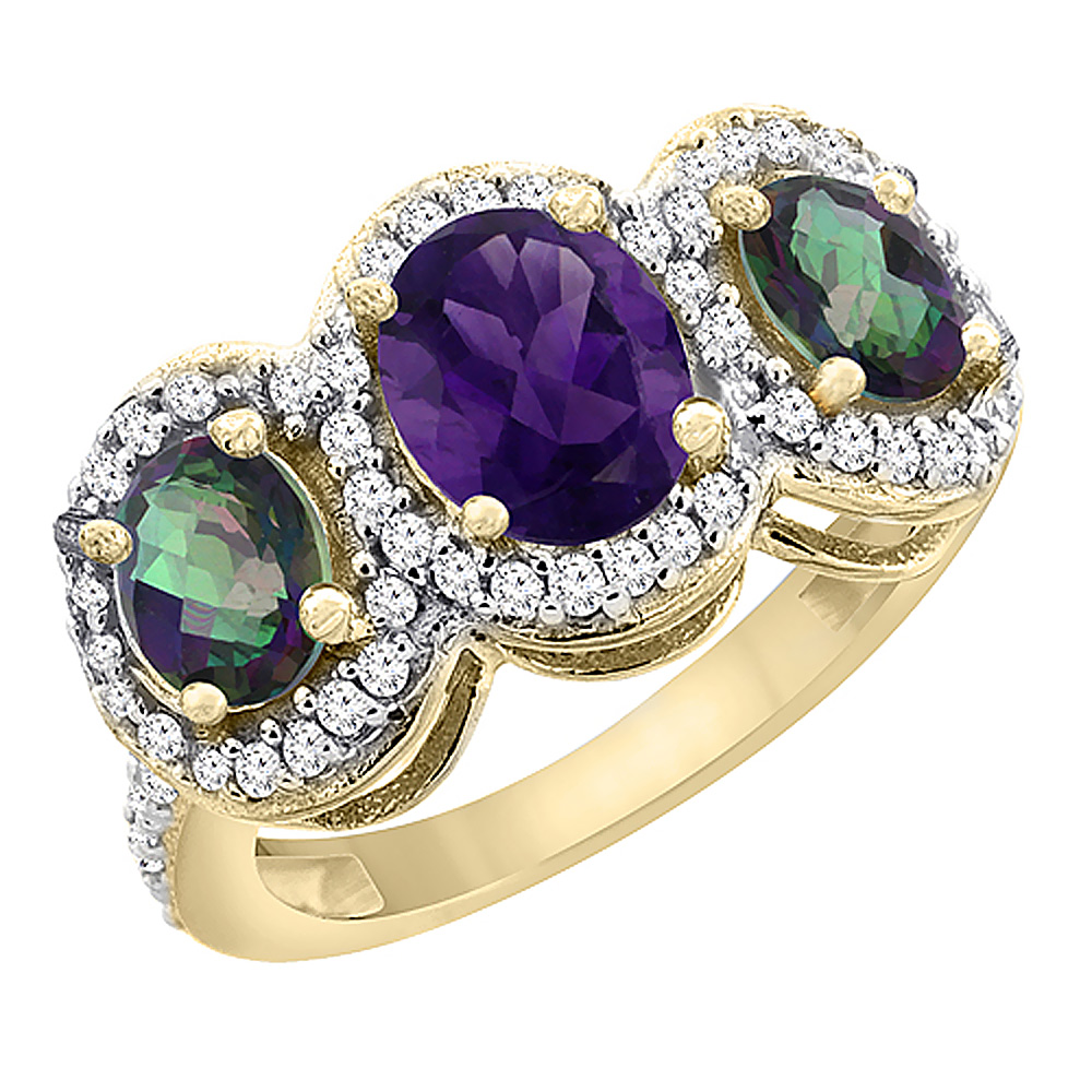 10K Yellow Gold Natural Amethyst &amp; Mystic Topaz 3-Stone Ring Oval Diamond Accent, sizes 5 - 10