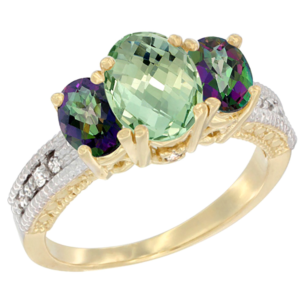 10K Yellow Gold Diamond Natural Green Amethyst Ring Oval 3-stone with Mystic Topaz, sizes 5 - 10