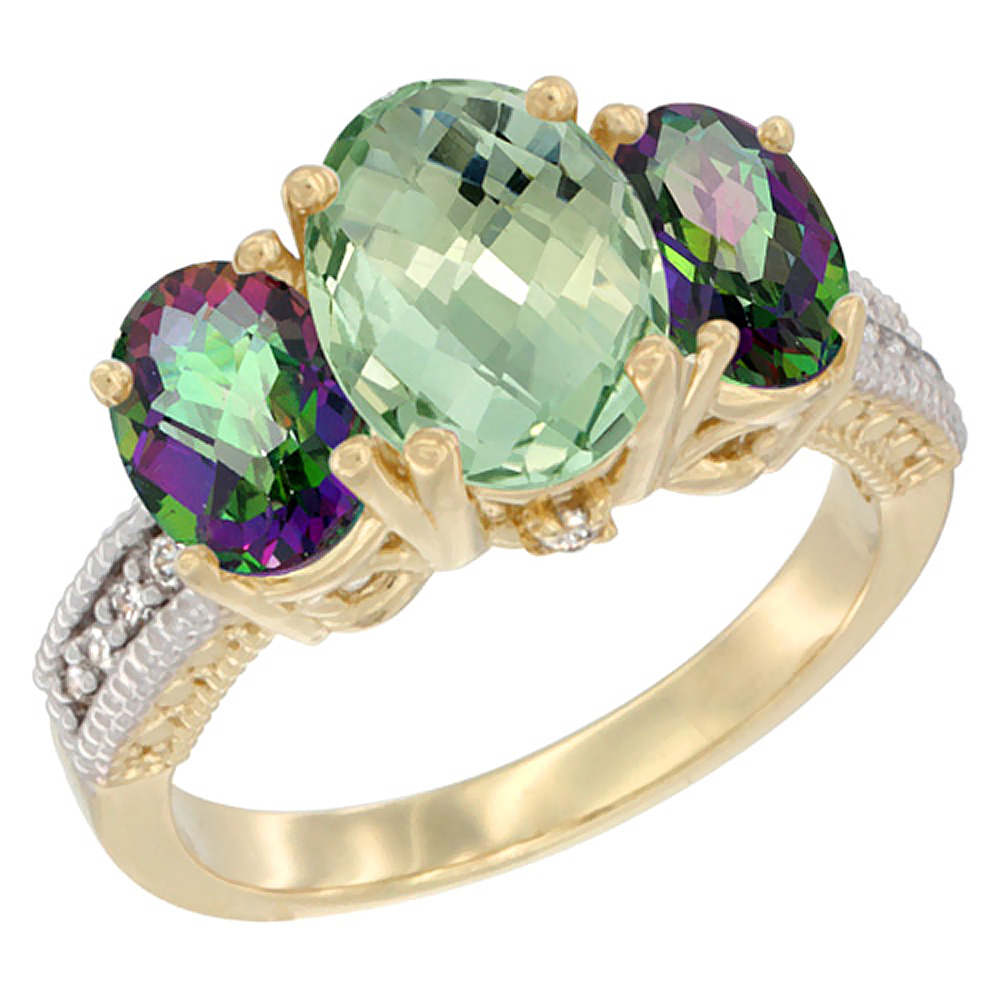 10K Yellow Gold Diamond Natural Green Amethyst Ring 3-Stone Oval 8x6mm with Mystic Topaz, sizes5-10