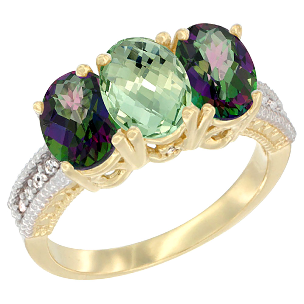 14K Yellow Gold Natural Green Amethyst & Mystic Topaz Ring 3-Stone 7x5 mm Oval Diamond Accent, sizes 5 - 10
