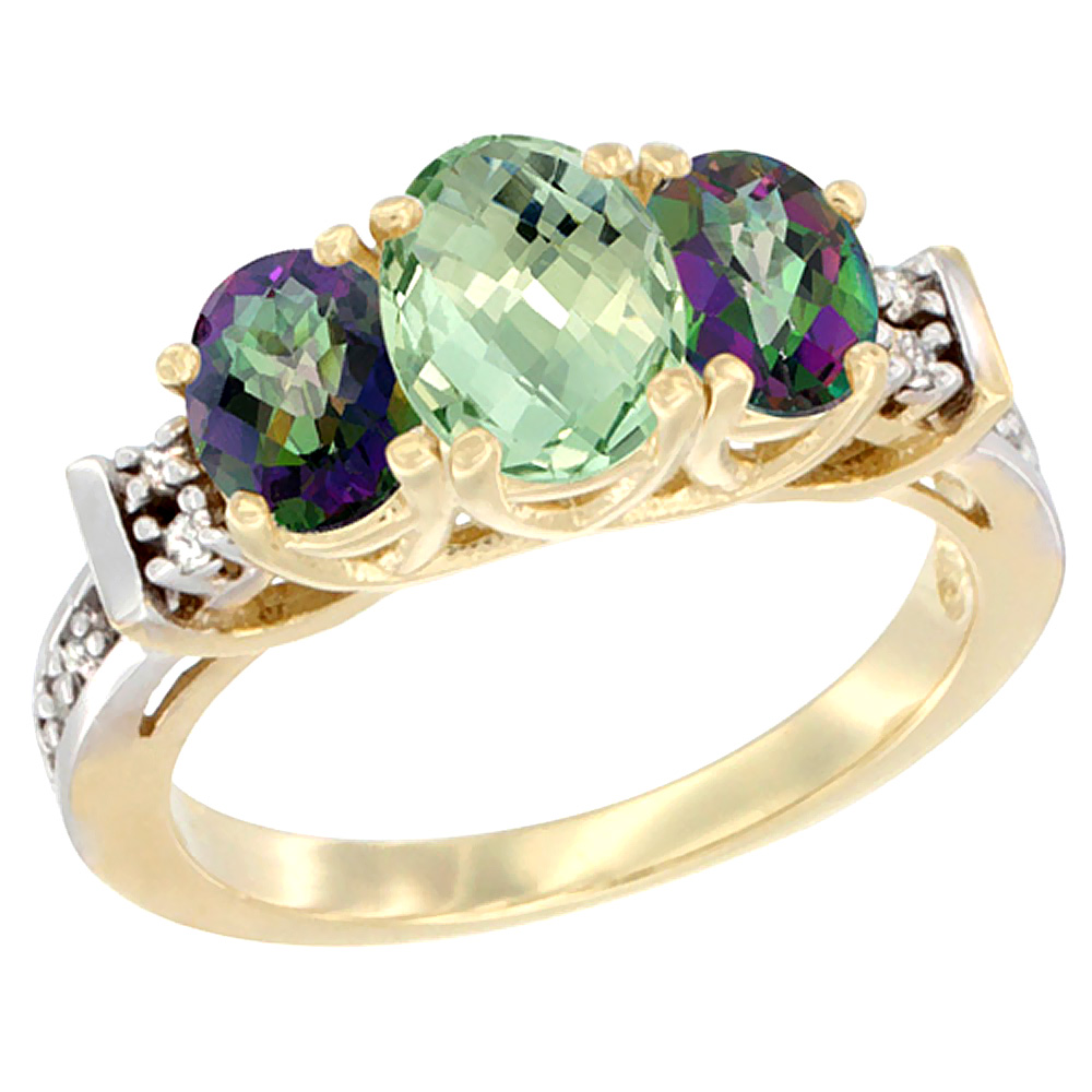 14K Yellow Gold Natural Green Amethyst &amp; Mystic Topaz Ring 3-Stone Oval Diamond Accent