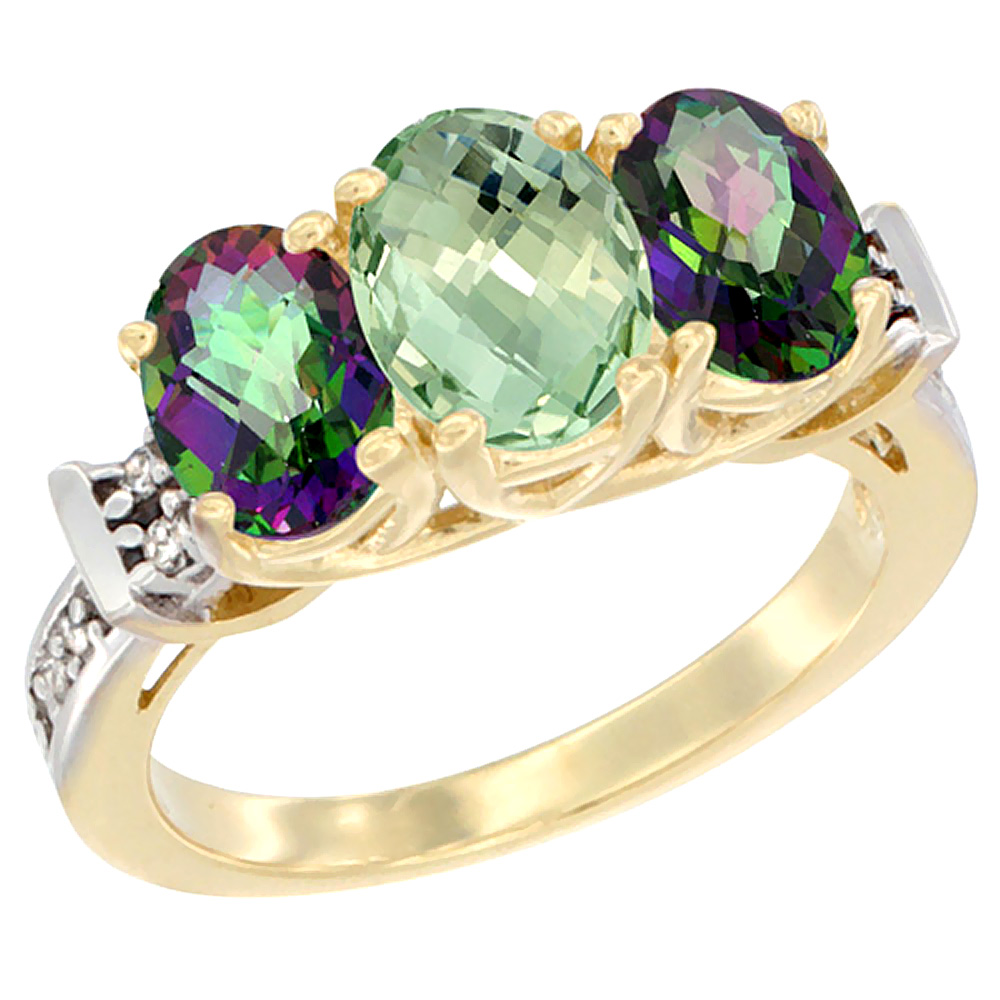 10K Yellow Gold Natural Green Amethyst &amp; Mystic Topaz Sides Ring 3-Stone Oval Diamond Accent, sizes 5 - 10