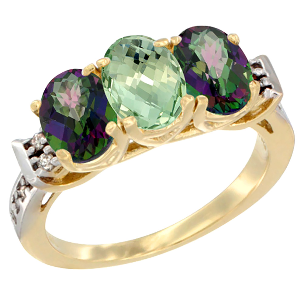 14K Yellow Gold Natural Green Amethyst & Mystic Topaz Sides Ring 3-Stone Oval 7x5 mm Diamond Accent, sizes 5 - 10
