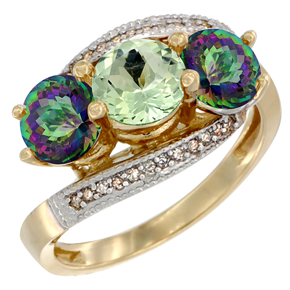 14K Yellow Gold Natural Green Amethyst & Mystic Topaz Sides 3 stone Ring Round 6mm Diamond Accent, sizes 5 - 10