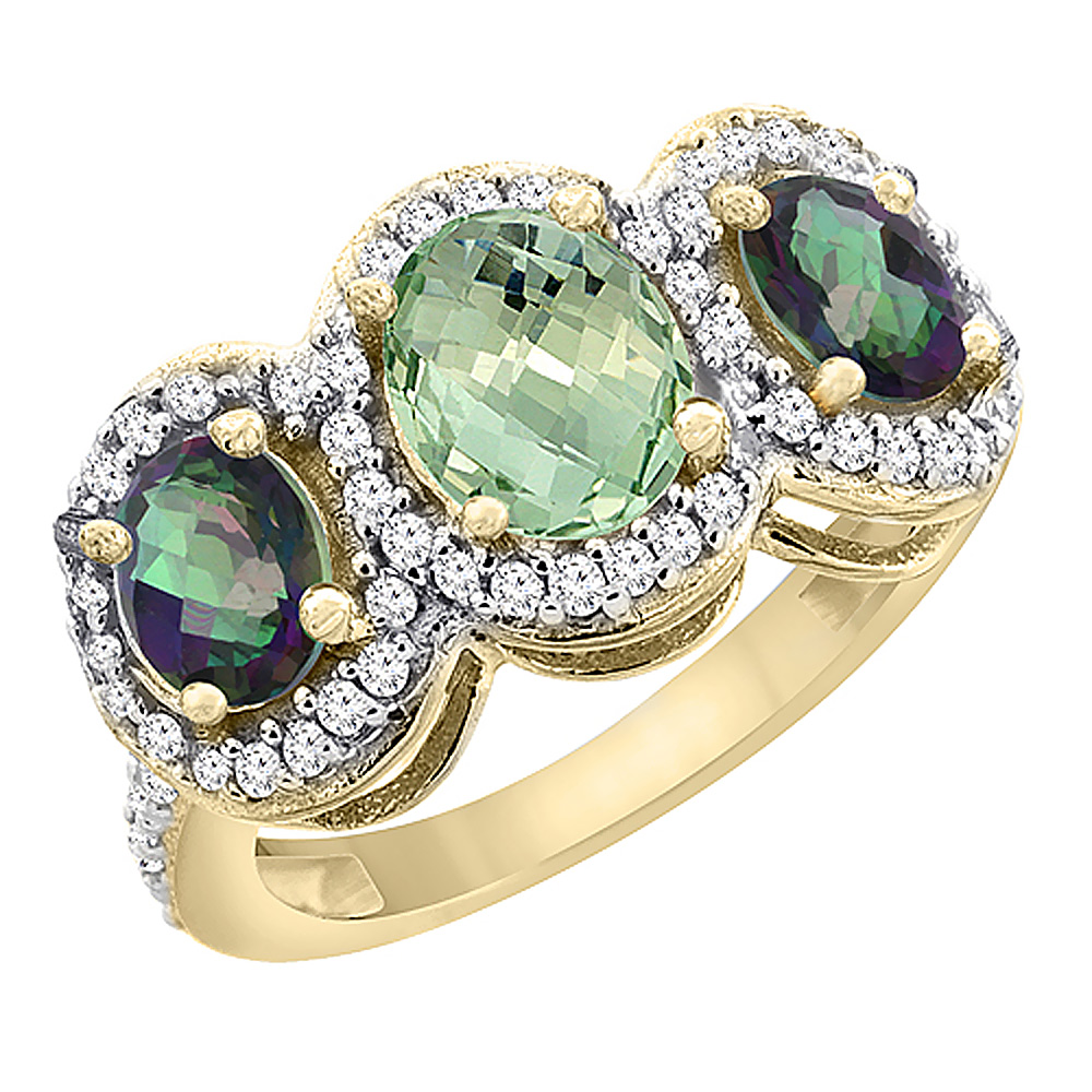 14K Yellow Gold Natural Green Amethyst &amp; Mystic Topaz 3-Stone Ring Oval Diamond Accent, sizes 5 - 10