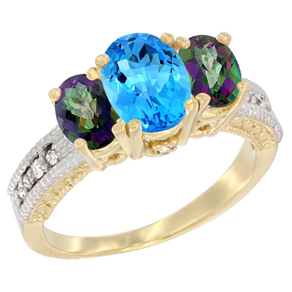 10K Yellow Gold Diamond Natural Swiss Blue Ring Oval 3-stone with Mystic Topaz, sizes 5 - 10