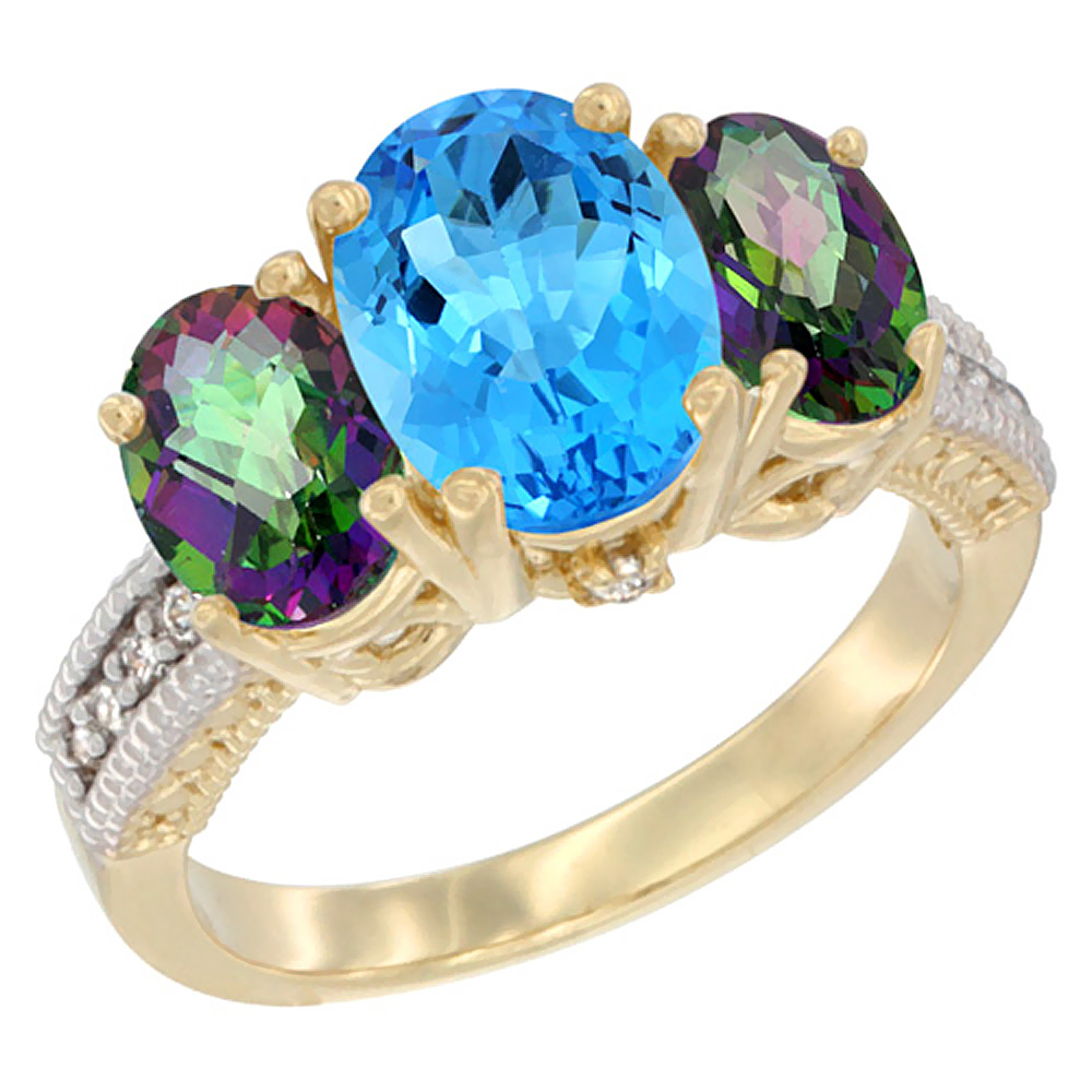 10K Yellow Gold Diamond Natural Swiss Blue Topaz Ring 3-Stone Oval 8x6mm with Mystic Topaz, sizes5-10