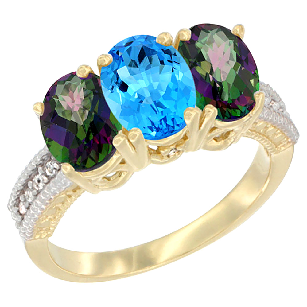 14K Yellow Gold Natural Swiss Blue Topaz &amp; Mystic Topaz Ring 3-Stone 7x5 mm Oval Diamond Accent, sizes 5 - 10