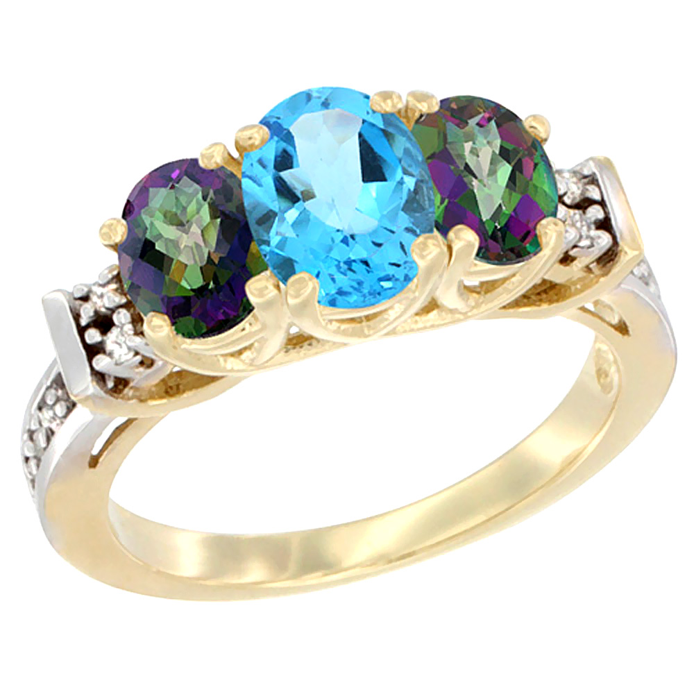 10K Yellow Gold Natural Swiss Blue Topaz &amp; Mystic Topaz Ring 3-Stone Oval Diamond Accent