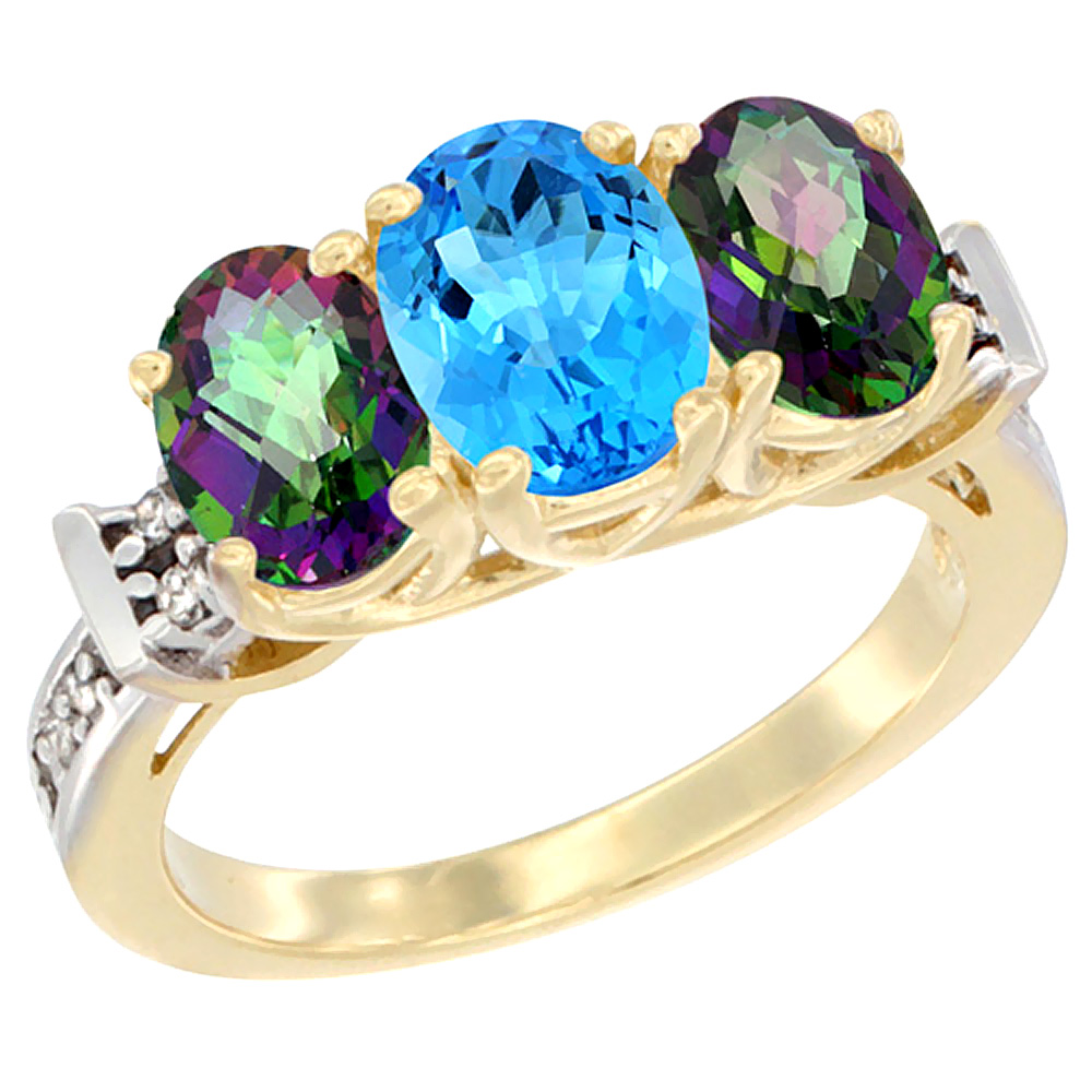 14K Yellow Gold Natural Swiss Blue Topaz &amp; Mystic Topaz Sides Ring 3-Stone Oval Diamond Accent, sizes 5 - 10