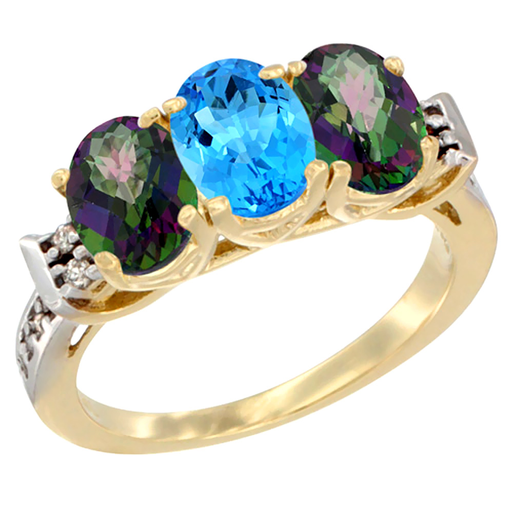 10K Yellow Gold Natural Swiss Blue Topaz & Mystic Topaz Sides Ring 3-Stone Oval 7x5 mm Diamond Accent, sizes 5 - 10