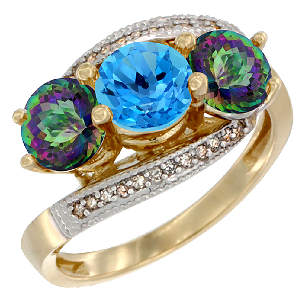 14K Yellow Gold Natural Swiss Blue Topaz &amp; Mystic Topaz Sides 3 stone Ring Round 6mm Diamond Accent, sizes 5 - 10