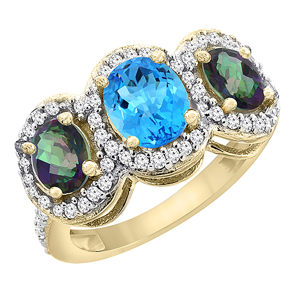 10K Yellow Gold Natural Swiss Blue Topaz &amp; Mystic Topaz 3-Stone Ring Oval Diamond Accent, sizes 5 - 10